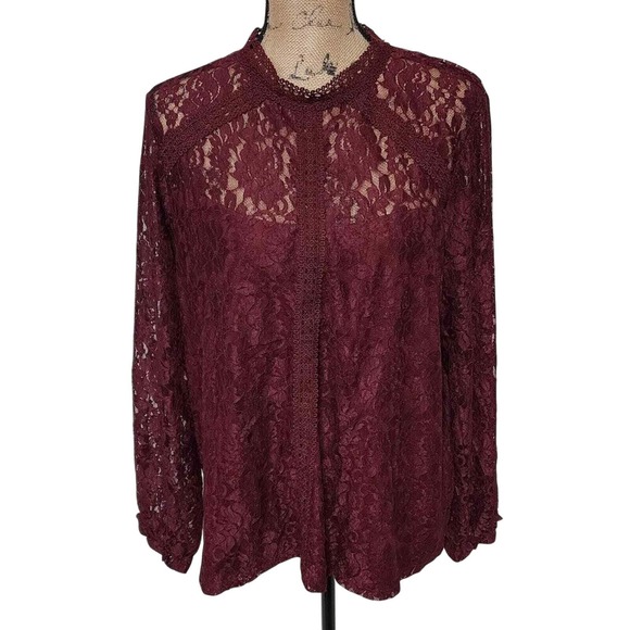 Cable & Gauge Tops - Cable & Gauge Burgundy Lace Mock Neck Long Sleeve Blouse Elegant Romantic 3X New